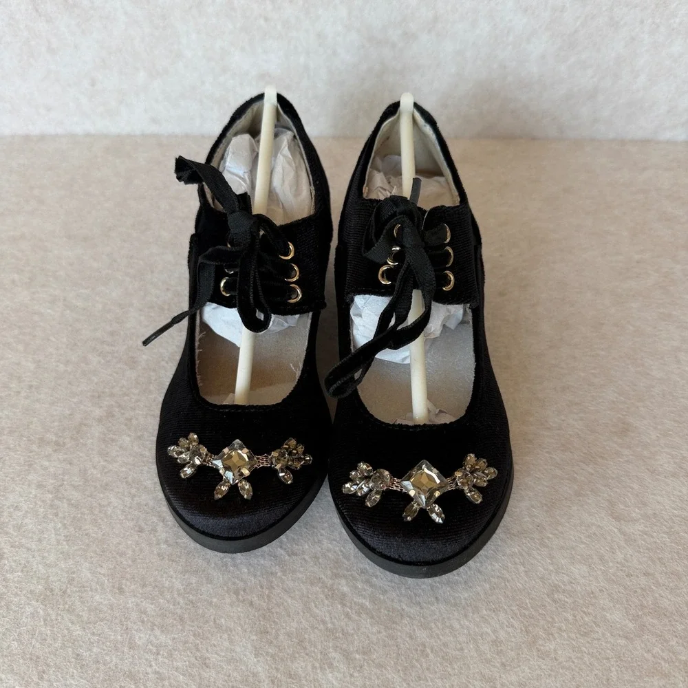 Joyfolie Tribeca Black Velvet Crystal Embellished Block Heels Kids Size 11 NEW